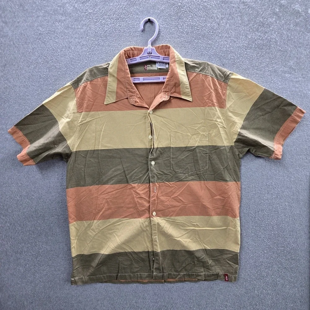 VINTAGE Levi's Men Button Up Shirt L Tan Cotton Striped Rugby Skater Grunge Y2K